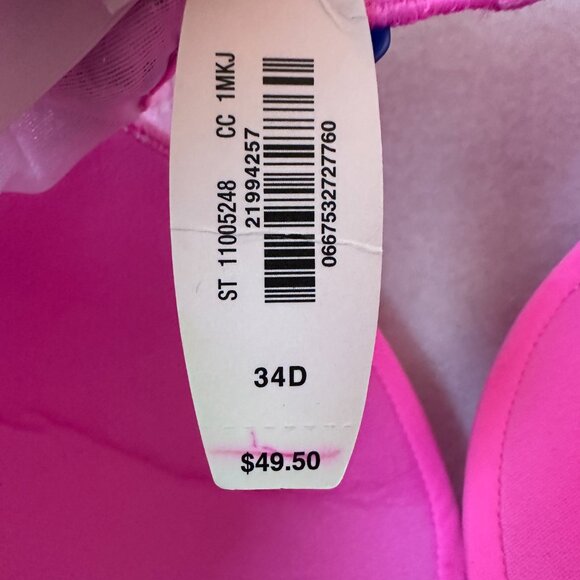 Victoria's Secret Bra Women's 34D plunge underwire hot barbie pink lace trim nwt - Picture 5 of 6